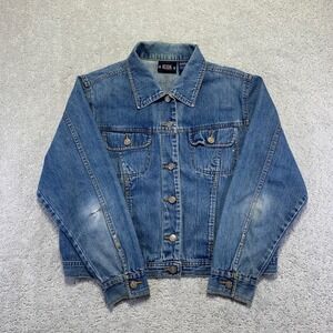 Vintage Bill Blass Womens Denim Jacket Large Petite Blue Distressed Trucker